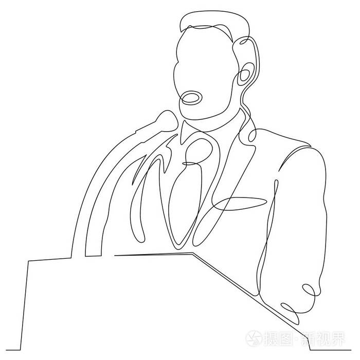 连续一条线画的字符政治商务教练讲话在观众之前.政治会议,演讲