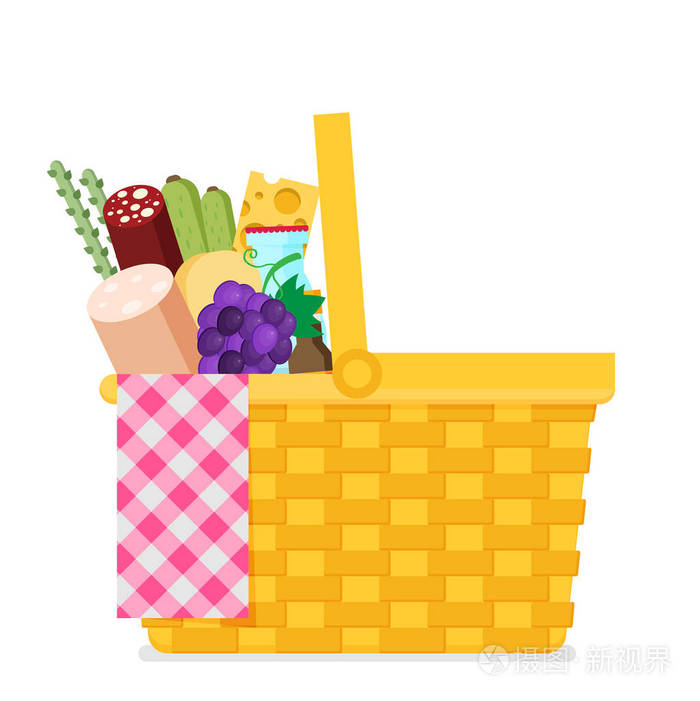 带新鲜食物和饮料的野餐篮.矢量插图