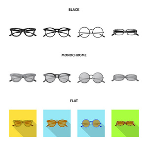 独立的眼镜和太阳镜标志的对象。一套眼镜和附件矢量图标股票