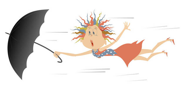 漫画吓坏了女人在红色的礼服和雨伞被风孤立的白色插图照片