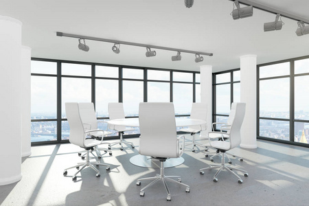 现代化的会议室内设有家具城市景观和日光。3d 渲染