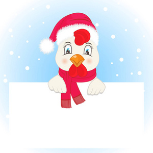圣诞老人帽子和围巾与公鸡的贺卡