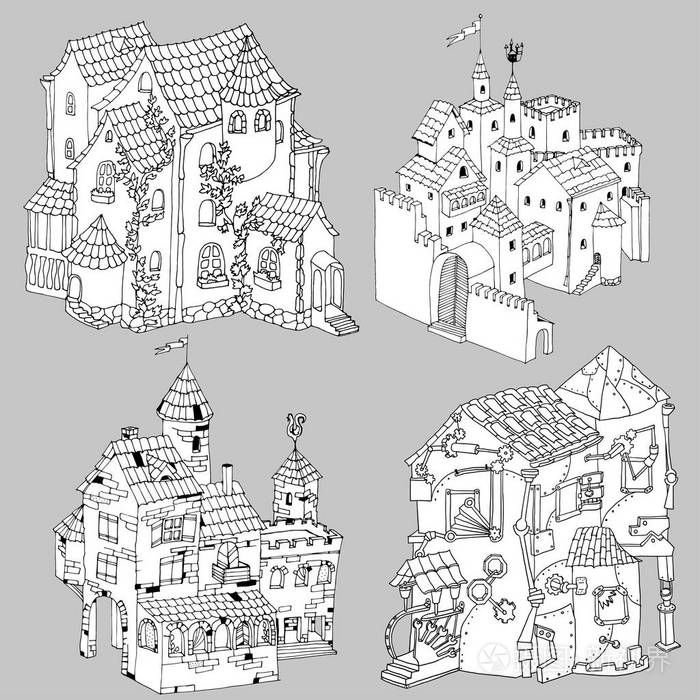 一套四童话古老的房子和城堡, 图形矢量插图着色页或其他插画-正版