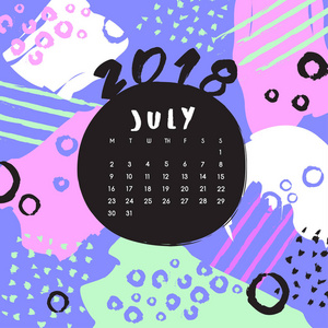 2018日历模板与五颜六色的样式 7月, 媒介例证