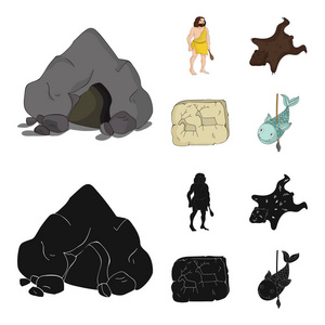古老的, 世界的, 石器时代的。石器时代集图标动画, 黑色风格矢量符号股票插画网站