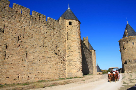 卡尔卡松, 在法国奥得河法国的一个强化的小镇, 在 Occitanie 地区