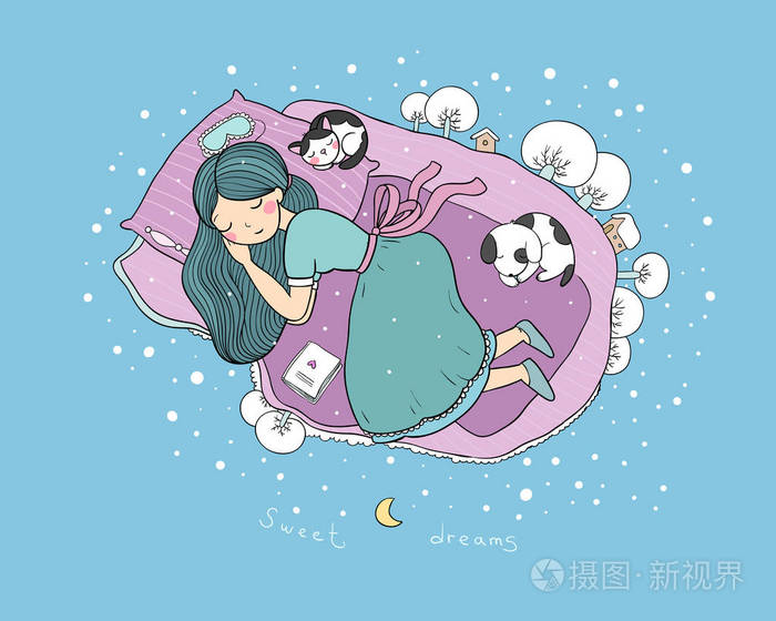 一个女孩, 一只狗和一只猫正在床上睡觉.雪中的冬景