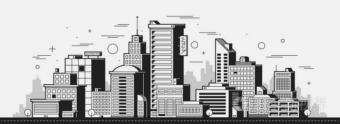 白色背景的黑白轮廓风格的塔楼和建筑物插画-正版商用图片07cqxb-摄图