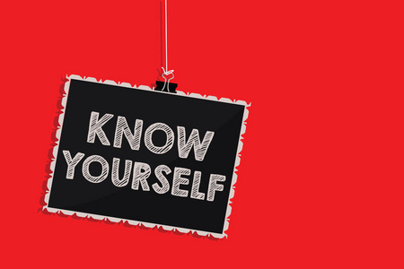 概念意义发现你理解力量和弱点身份挂黑板消息通信信息符号红色背景