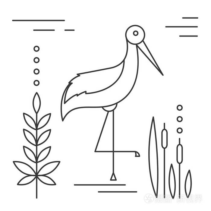 沼泽的苍鹭与植物和芦苇插画-正版商用图片07ct0d-摄图新视界