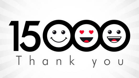 感谢15000追随者的数字。祝贺黑白网络感谢, 网友形象在两2种颜色, 客户 15 000 喜欢, 折扣。圆孤立的微笑的人的面