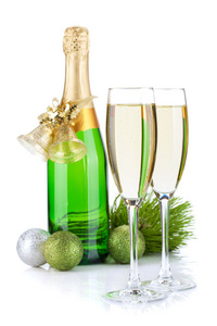 香槟 眼镜和圣诞装饰