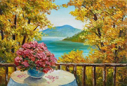油画景观-五颜六色的秋季森林, 山湖, 花卉照片