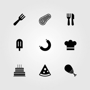 餐厅矢量图标集。蛋糕, 餐具, 鸡腿和叉子
