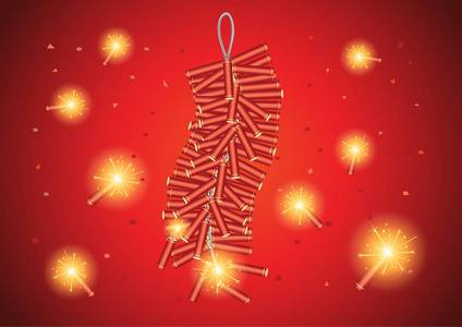 红中国鞭炮在红色背景下开始爆炸.中国传统节日的媒介客体照片