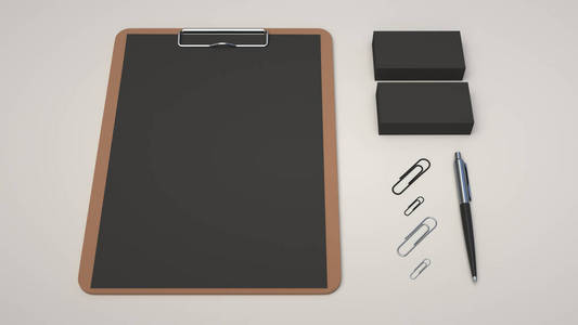 剪贴板用黑色纸名片回形针和自动圆珠笔在白色背景上。品牌模型。3d 渲染插图