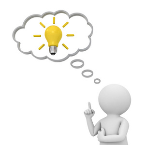 3d 人思考与想法电灯泡在想法气泡在他的头之上被隔绝了在白色背景.