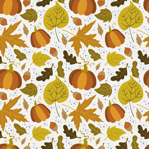 矢量无缝模式与南瓜, 白杨, 橡木和枫叶的白色背景。完美的墙纸, 礼品纸, 秋季贺卡