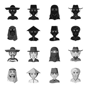 阿拉伯, 土耳其, 越南, 中亚人。人类种族集合图标黑色, 单色风格矢量符号股票插画网站
