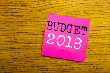 手写公告文本显示预算2018。家庭预算会计规划的经营理念写在粘滞便笺空白纸张, 背景与复制空间, 太阳镜