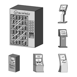 各种终端单色图标集的设计集合。Atm 和交易设备矢量符号股票 web 插图