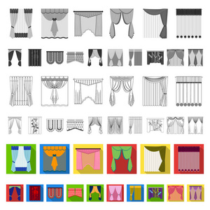 不同类型的窗帘在集合中设计的平面图标。窗帘和 lambrequins 矢量符号股票网页插图