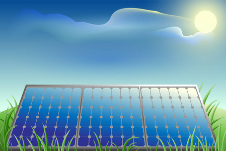太阳能电池电源, 绿草, 蓝天和明亮的太阳