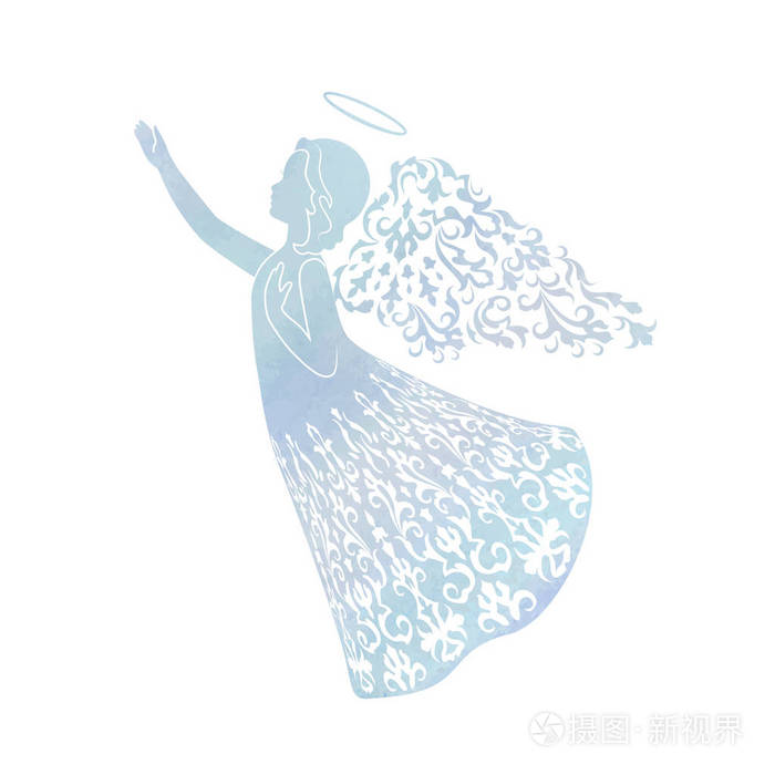 插画 矢量图 一个飞行天使与微妙的翅膀在水彩蓝色背景.