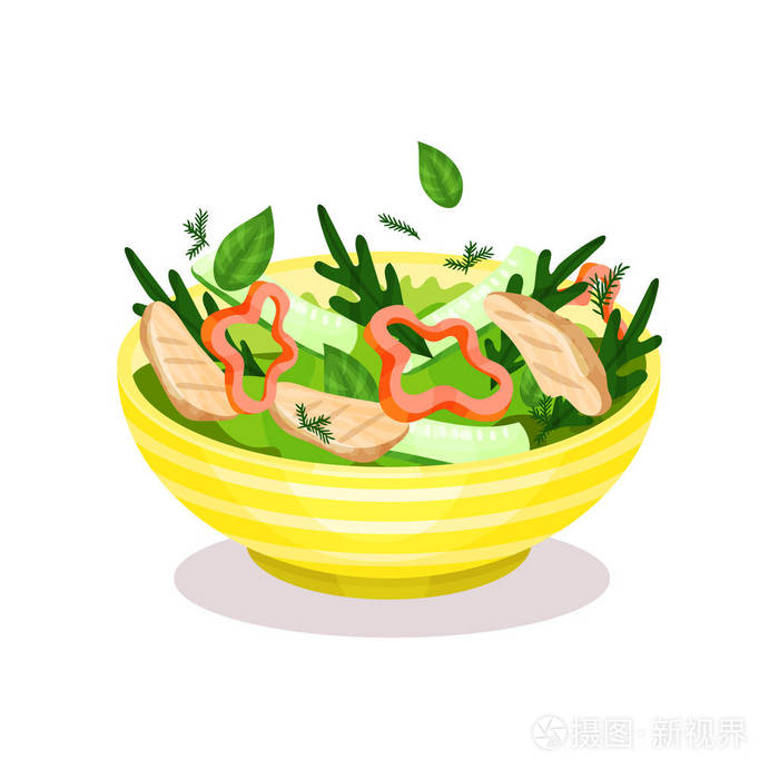 蔬菜沙拉碗肉, 健康饮食概念矢量插图