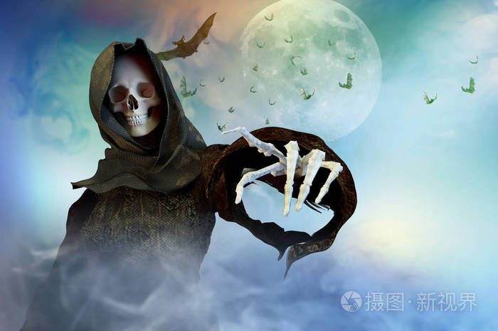 死亡在敞篷严峻的死神站在3d渲染