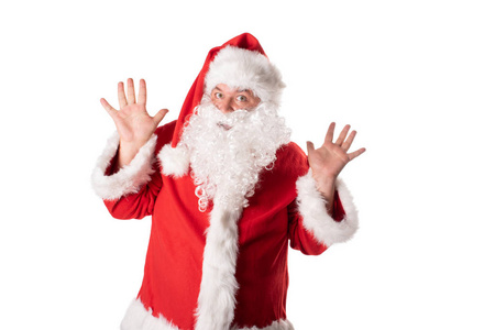 滑稽的胖男人在圣诞老人服装。圣诞节和新年。假期和礼品