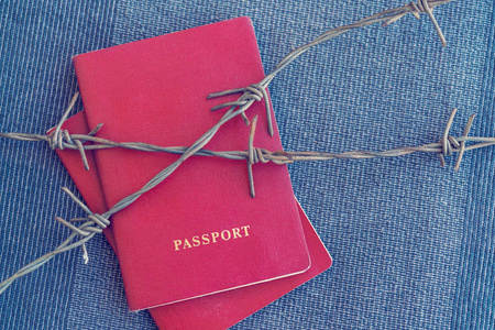 红色护照背后的铁丝网在蓝色的纺织品背景, 特写