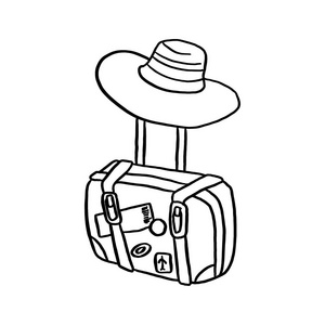 带帽子的旅行包矢量插图素描手画的黑色线条在白色背景下被隔离