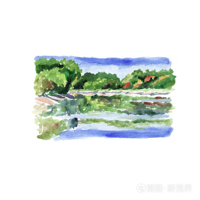 水水彩画素描中的树木与倒影的河流景观照片 正版商用图片07e18m 摄图新视界