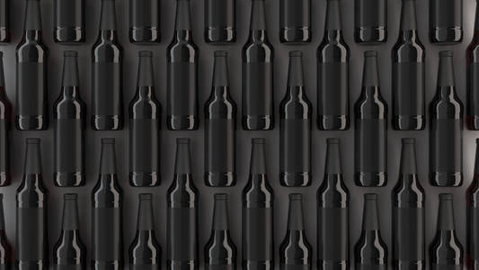 排高棕色啤酒瓶0.5l 与空白黑色标签在白色背景。设计或品牌模板。3d 渲染插图