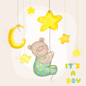 宝贝熊与月亮和星星   婴儿淋浴或到达卡照片