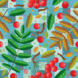 罗文树枝浆果和树叶矢量无缝模式