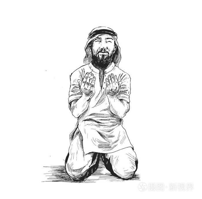 穆斯林人祈祷, 手绘素描矢量背景插画-正版商用图片07ebss-摄图新视界