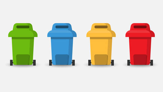 不同颜色的分离回收垃圾桶, 矢量插图