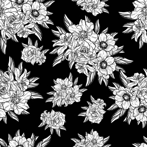 无缝复古风格的花卉图案。黑白相间的花元素