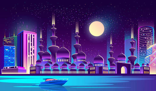 向量夜间城市与穆斯林清真寺, 摩天大楼