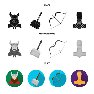 维京人在头盔用牛角, 梅斯, 弓与箭, 珍宝。维京集合图标黑色, 平, 单色风格矢量符号股票插画网站