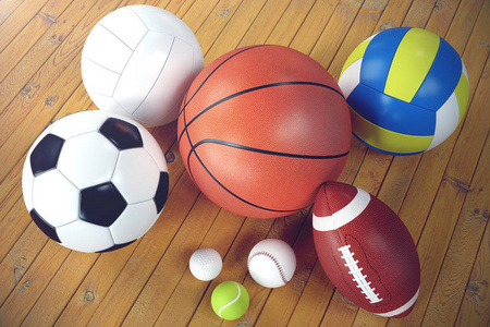 3d. 在木 backgorund 上渲染运动球。一套运动球。运动器材美国足球, 篮球, 棒球, 网球, 高尔夫球队和个人娱乐和