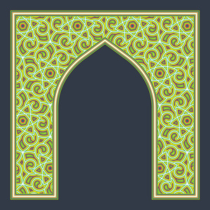 阿拉伯传统风格的图案拱形框架。彩拱贺卡设计