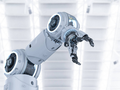 3d 渲染白色机器人手臂白色背景照片