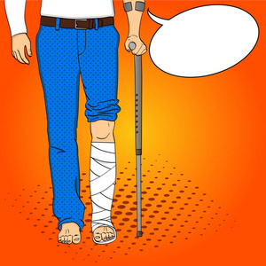 流行艺术男子腿石膏, 拐杖和支持.康复手段.矢量仿漫画风格.