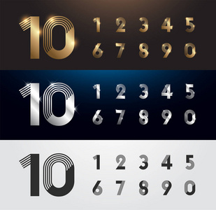 一组金属数。向量银, 金和黑色数字。1, 2, 3, 4, 5, 6, 7, 8, 9, 10。字母字体发光的文字效果。矢量插图