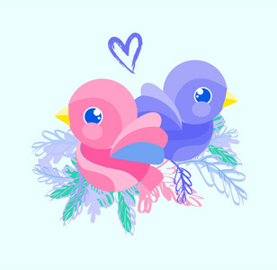 可爱的卡通二只鸟在蓝色背景, 矢量例证照片