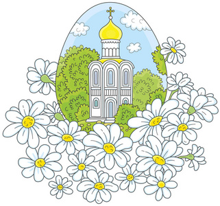 复活节彩蛋与白色教堂和花朵。一个带有古俄国正统寺庙和雏菊的鸡蛋的矢量插图