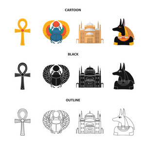 阿努比斯, 安科, 开罗城堡, 埃及甲虫。古埃及集合图标在卡通, 黑色, 轮廓风格矢量符号股票插画网站